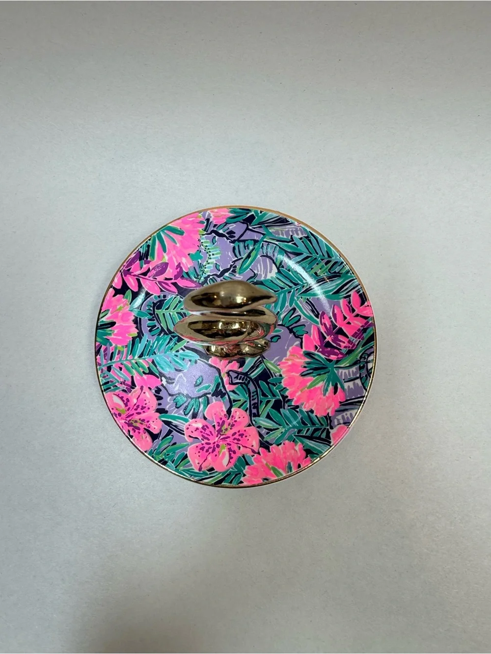 Lilly Pulitzer Flamingo Painted Palm Ring Holder Porcelain Round Dish Trinket